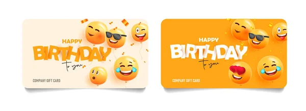 Set of company greeting cards for Birthday with yellow smiling faces as 3d balloons, happy and laughing expressions — Stock Vector