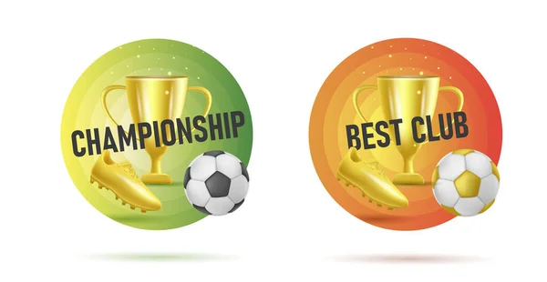 Web-Banner mit fottball Turnier 3d goldene Attribute wie Ball, goldener Stiefel und Horn, erster Platz Pokal — Stockvektor