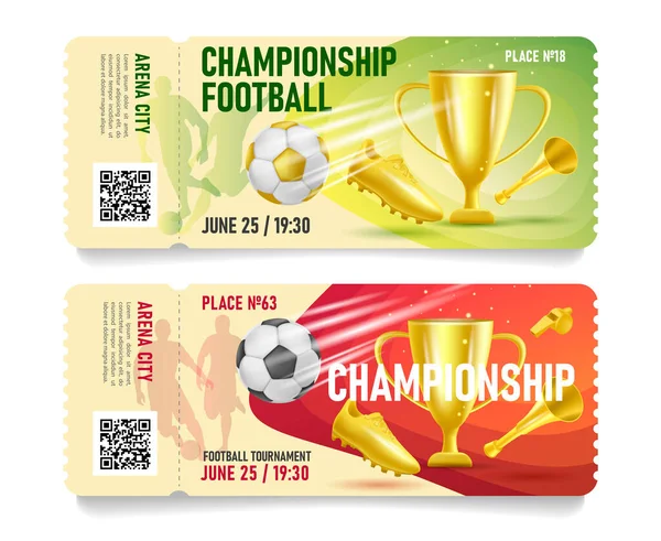 Conjunto de entradas de fútbol juego de fútbol o certificados de regalo con bota de oro y cuerno 3d ilustración — Archivo Imágenes Vectoriales