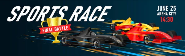 Banner web con ilustración de tres super coches deporte bolide en movimiento de velocidad para la copa de oro, bandera del torneo de campeonato — Vector de stock