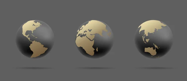 Conjunto de iconos globo Tierra, 3d ilustración estilizada de esfera en colores negro y oro — Vector de stock