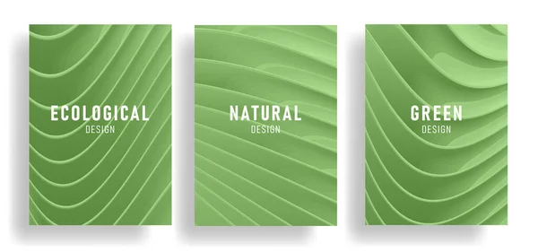 Set alam hijau poster meliputi dengan gelombang 3d Membentuk permukaan elegan, trendi gaya latar belakang - Stok Vektor
