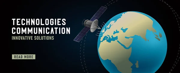 Föld körüli pályán műholdas, 3D-s illusztráció promo banner technológiai cég, web digitális reklám — Stock Vector