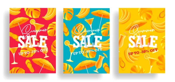 Conjunto de cartazes de venda de verão ou banners web com padrão de impressão mono cor moderna de atributos de férias de verão amarelo — Vetor de Stock