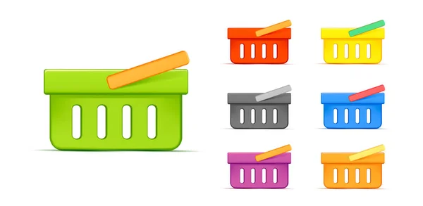 Cesta de la compra 3d vector icono conjunto, vista lateral ilustración gráfica simple en diferentes colores — Vector de stock