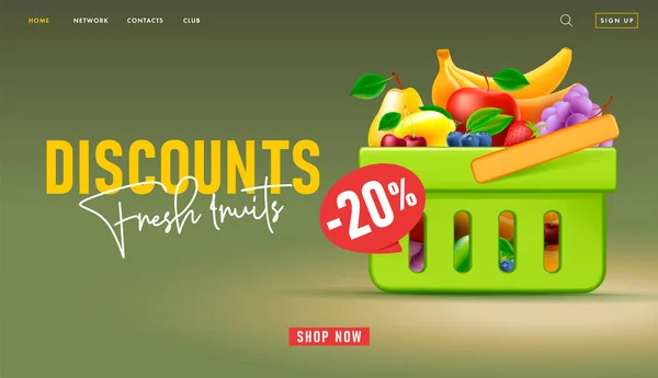 Banner web para landing page de supermercado con ilustración 3d de cesta de la compra llena de frutas con descuento — Vector de stock