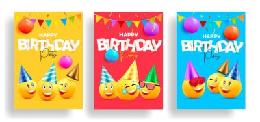 Set of birthday cards invitations or posters for children celebration with smiling faces in hats and paper stickers as letters clipart