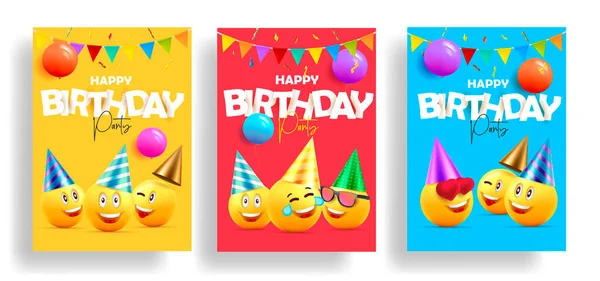 Conjunto de tarjetas de cumpleaños invitaciones o carteles para la celebración de los niños con caras sonrientes en sombreros y pegatinas de papel como cartas — Vector de stock