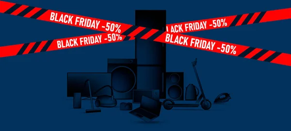 Penjualan Black Friday mengiklankan spanduk dengan ilustrasi 3d dari perangkat elektronik rumahan dan pintar yang berbeda, obyek dengan gaya gradien hitam dengan pita merah - Stok Vektor