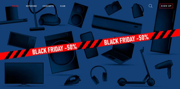 Penjualan Black Friday yang mengiklankan spanduk pada halaman pendaratan promo dengan ilustrasi 3d dari berbagai perangkat elektronik rumahan dan cerdas, benda-benda dengan gaya gradien hitam dengan pita merah - Stok Vektor