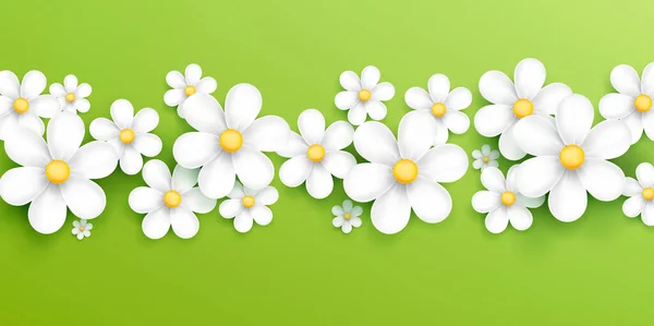 Latar Belakang Hijau Dengan Bunga Chamomile Atau Daisy Realistis Membentuk - Stok Vektor