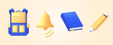 Okul posteri için 3D illüstrasyon simgeleri elementler, sırt çantası ve zil, mavi ve sarı renkli kalemli defter.