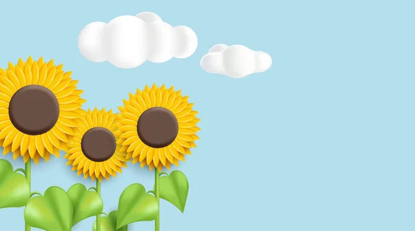 Ilustración Girasol Sobre Fondo Azul Con Nubes Estilo Volumen Dibujos — Archivo Imágenes Vectoriales