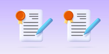 Sertifika belgesinin 3 boyutlu vektör simgesini madalya ve kalemle oluştur. Modern dijital resimleme