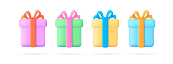 Set kotak hadiah warna pastel 3d, bentuk halus bulat dengan pita dan busur - Stok Vektor