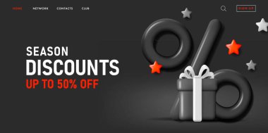 Kara Cuma indirimli web pankartı. Hediye kutusunun 3D çizimi ve büyük yüzde işareti.