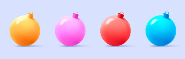 Bola Natal terang diatur, gaya render 3d, kartun gelembung sederhana - Stok Vektor