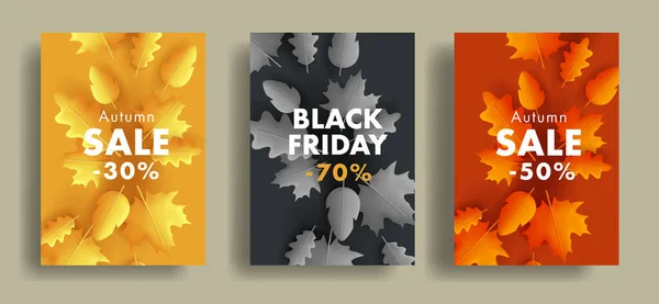 Conjunto de cartazes de venda de outono ou folhetos com folhas de queda ilustração 3d do centro para as bordas, cores diferentes — Vetor de Stock