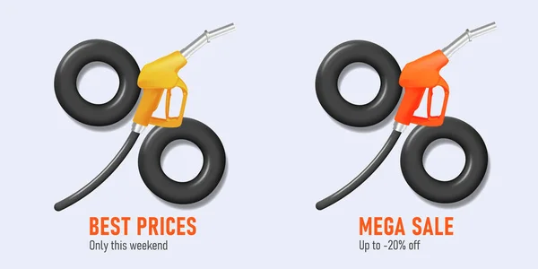 Publicidade venda banner com tubo de gás e rodas formando sinal por cento, descontos promo, gráfico 3d —  Vetores de Stock