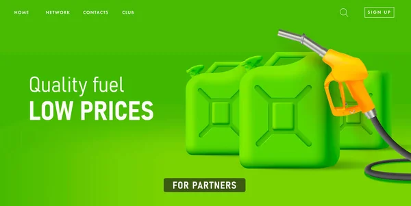 Cartaz de venda para posto de gasolina com bicos de abastecimento e latas de óleo, cor verde brilhante — Vetor de Stock
