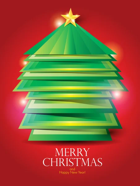 Kartu pos grafis dengan pohon Natal bergaya dengan latar belakang merah - Stok Vektor