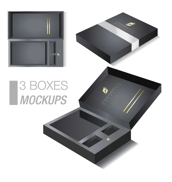3箱モックアップ 黒と金の色の箱のモックアップ — ストックベクタ
