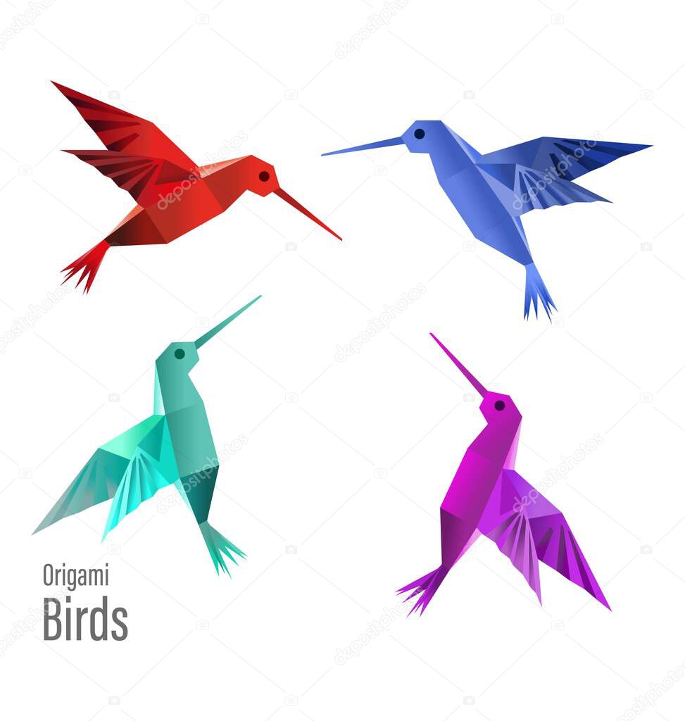 4 Origami Paper Birds, Made In Vectors. 4 Low Poly Birds