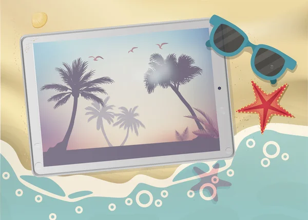 Sommerlicher Tropenurlaub. Exotische Insel mit Palmen auf dem Tablet. — Stockvektor