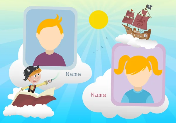 Щорічник про хлопчика-пірата і хмари з двома дітьми — стоковий вектор