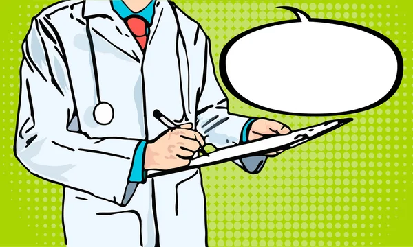 Arzt schreibt Notiz mit komischen Sprechblasen — Stockvektor