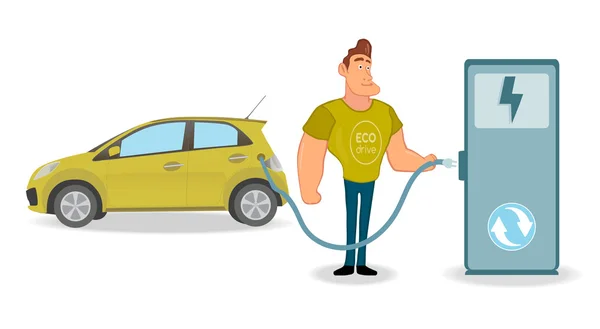 Adam beyaz arka plan üzerinde istasyonunda onun elektrikli araba şarj