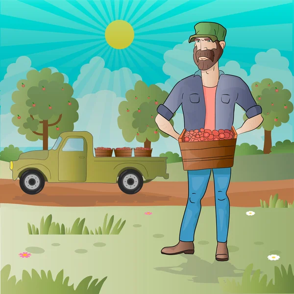 Homme-agriculteur d'âge moyen avec boîte de fruits — Image vectorielle