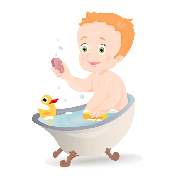 Söt baby boy leende samtidigt som man talar ett bad. — Stock vektor