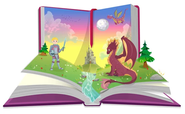 Livro de contos de fadas com cavaleiro e dragão ilustração — Vetor de Stock