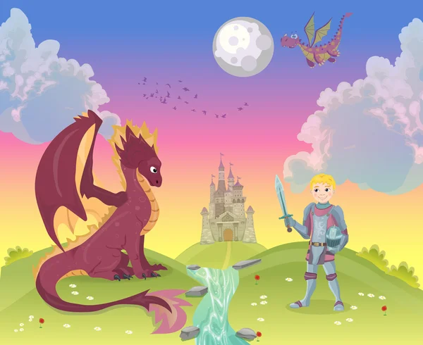 Cavaliere dei cartoni animati con drago — Vettoriale Stock