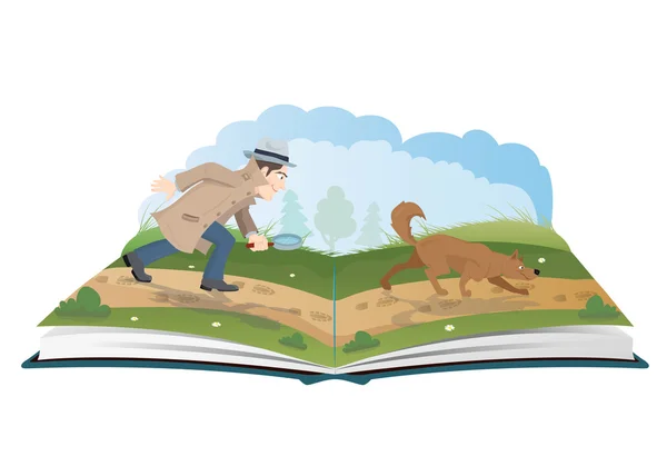 Відкрита книга про детектива зі збільшувальним склом і собакою-трекером — стоковий вектор
