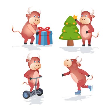 Renkli boğalar Çin Yeni Yılı 2021, boynuzlu, inekli ve bufalo aile takvimi ya da kartları olan hayvanlar.