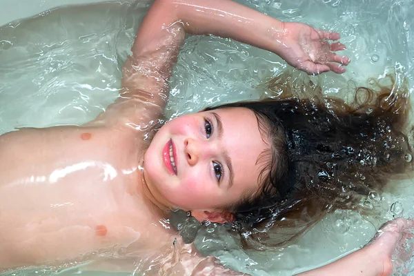 Happy Little Girl Bath Swimming Foam Baby Shower — Stock Photo, Image