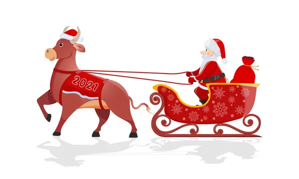 Papai Noel com bolsa vermelha monta grande trenó touro no fundo da natureza branca. — Vetor de Stock