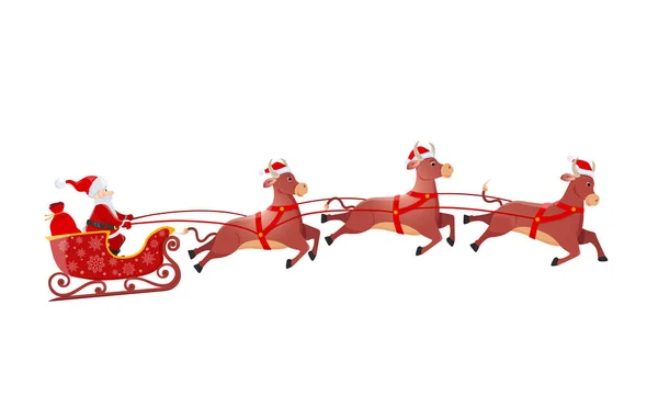 Santa na saních a jeho létající tři býci na bílém pozadí — Stockový vektor
