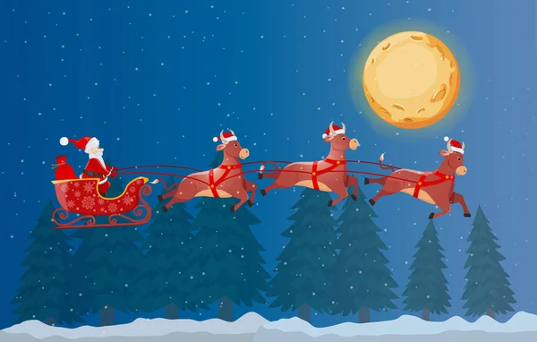 Kızakta Noel Baba ve Kış Ormanı Gecesinde Üç Boğası Uçuyor — Stok Vektör