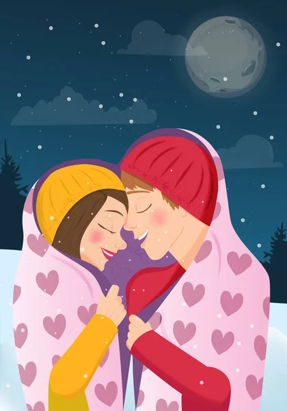 Illustration of young woman and man in love, hugging and covered with a blanket on winter background — Stock Vector