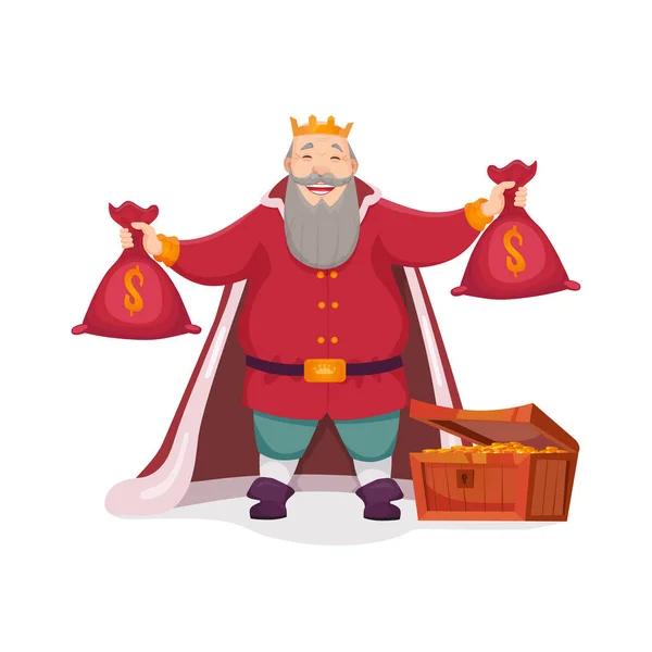 Ilustrace starého krále stojícího v pokladnici a držícího v náručí pytle zlata. Nenasytné emoce, pokladnice, daně. — Stockový vektor