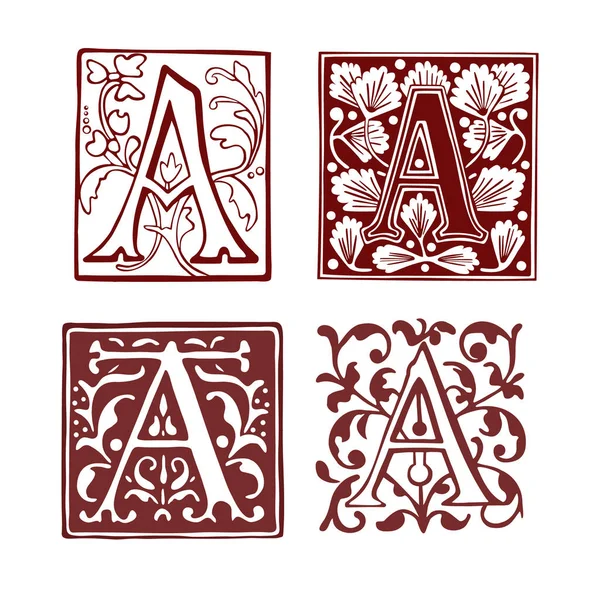 Vector set of letters A in the old vintage style with floral branch — Stock Vector