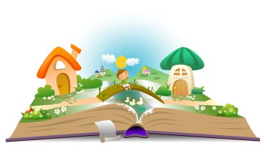 Çocuk ve peri manzara ile açık kitap