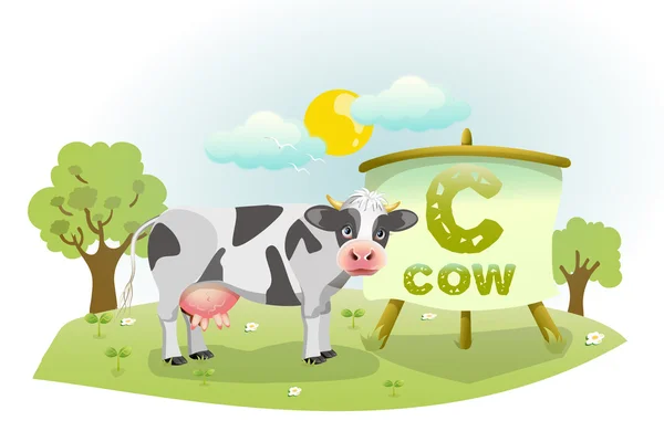 Divertido alfabeto de dibujos animados C con vaca — Vector de stock