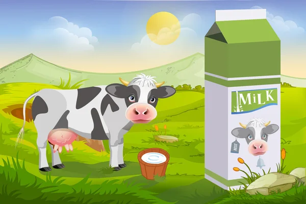 Süße Kuh und Milchpackung — Stockvektor