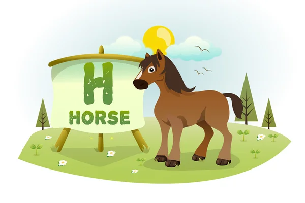 Funny Cartoon Alphabet H With Horse — Stock Vector