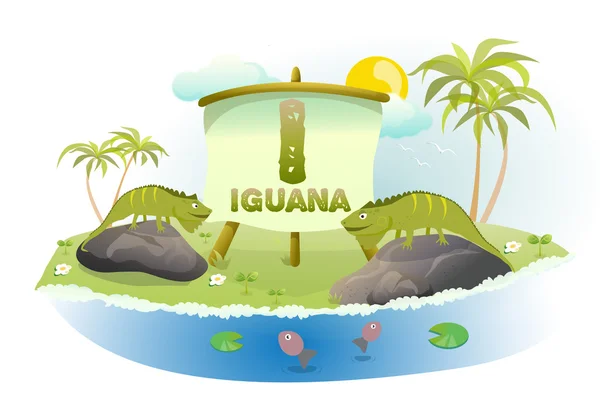 Funny Cartoon Alphabet I With Iguana — Stock Vector