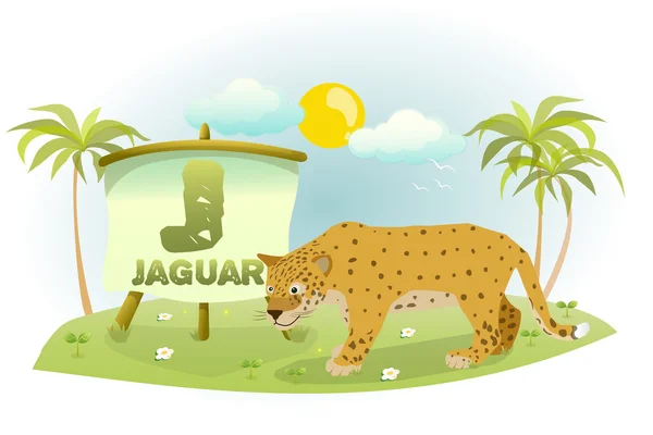 Divertido alfabeto de dibujos animados J con Jaguar — Vector de stock